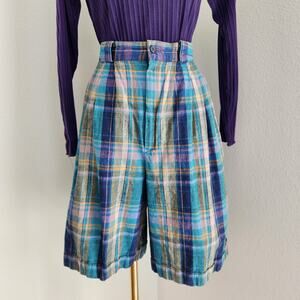 Vintage Fundamental Things Plaid Pleated High Waisted Linen Shorts Teal Purple 2